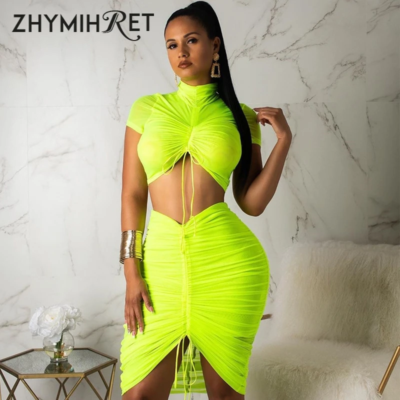 

ZHYMIHRET Elegant Neon Green Ruched Two Piece Set Women's Dress Turtleneck Mesh See Through 2 Piece Beach Dress Summer Vestidos