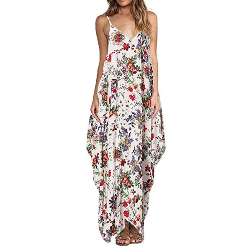 Print Floral Loose Boho Bohemian Dress Women Sexy Strap V Neck Retro Vintage Long Maxi Dress