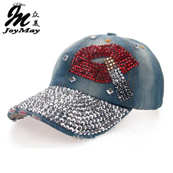 

High quality Wholesale Retail JoyMay Hat Cap Fashion Leisure lipstick Rhinestones Vintage Jean Cotton CAPS Baseball Cap B097