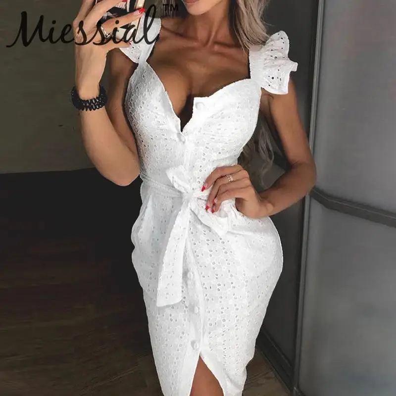 

Miessial Ruffles square collar bodycon dress Winter buttons belt embroidery holiday dress Female elegant casual party dress new