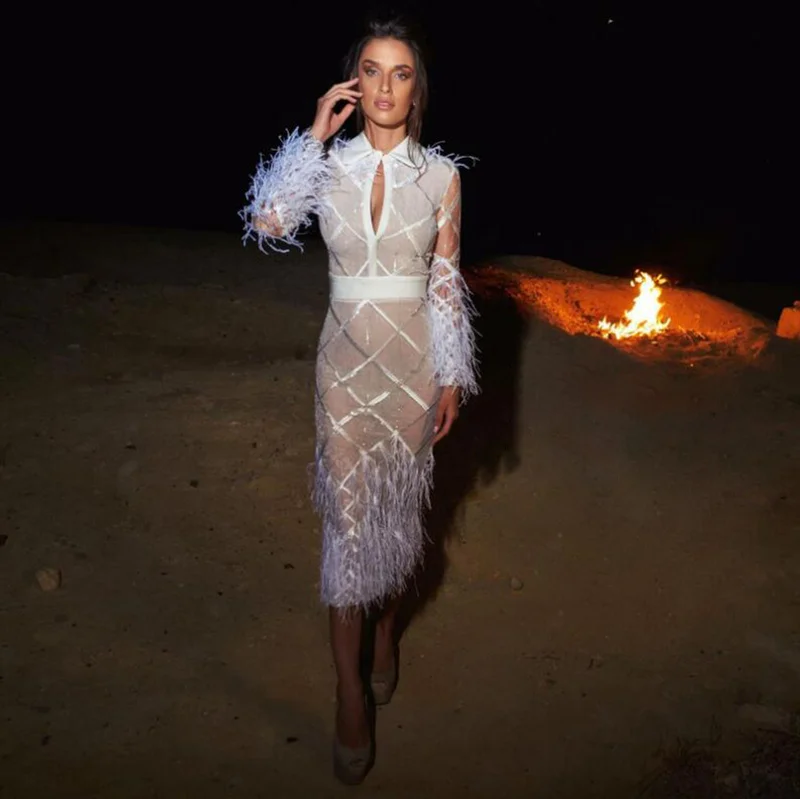 

2017 High Quality White Long Sleeve Round Neck Bandage & Calf Dress Cocktail Party Dress Wholesale & Retail HL6329