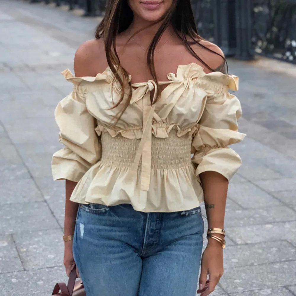 

New Sexy Off Shoulder Summer Strapless Women Blouse Half Sleeve Bowknot Tops Slash Neck Shirts Casual Loose Blusas