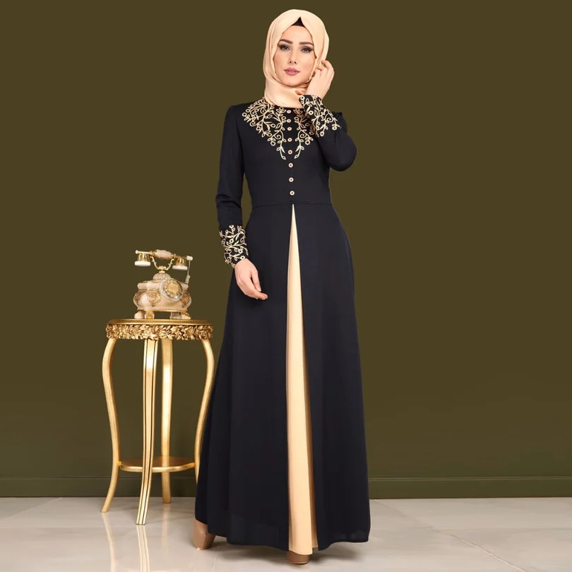 

Muslim Adult appliques Robe Musulmane Turkish Dubai Fashion single breasted Muslim Abaya Dress Arab Worship Service abaya