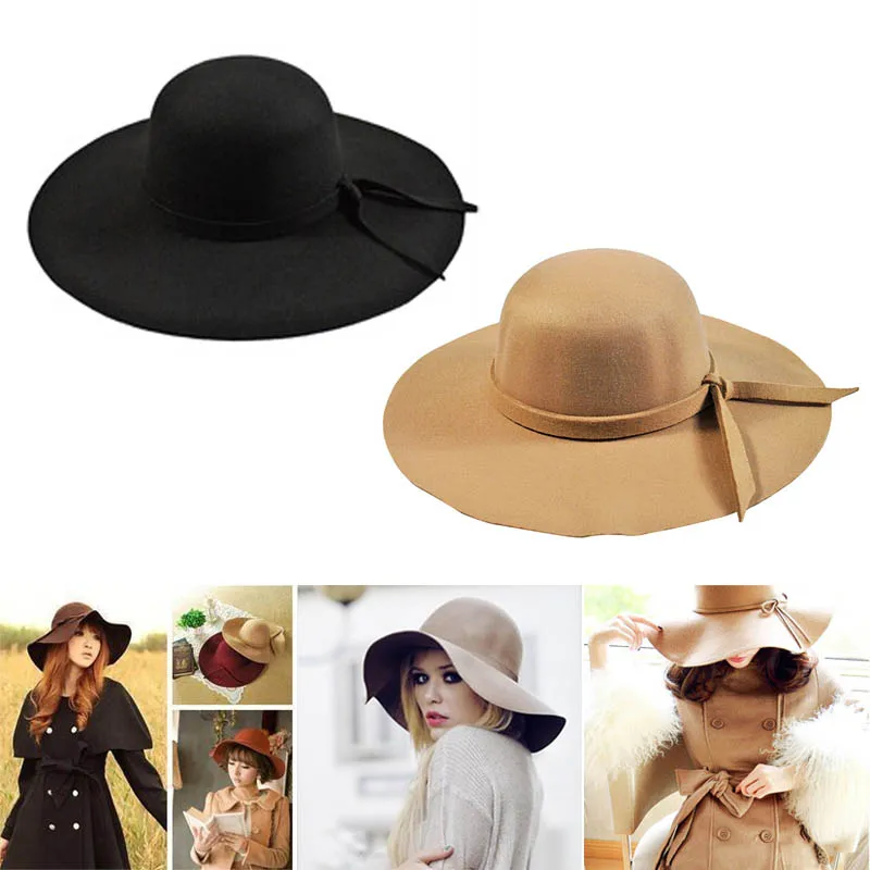 

Women Vintage Cap Wool Wide Brim Bowknot Decor Solid Round Top Retro Hat FS99
