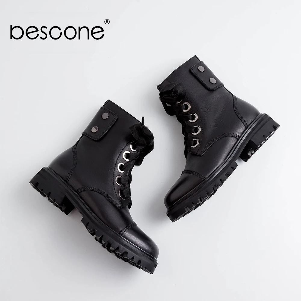 

BESCONE Ankle Boots New Genuine Leather Party Round Toe Warm Ladies Boots Lace-Up Slip-On Stylish Thick Bottom Shoes Woman BO261