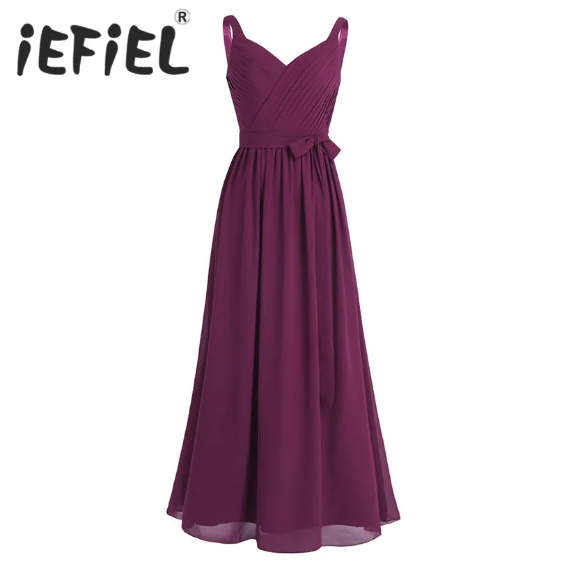 

iEFiEL Elegant Women Ladies Sleeveless Pleated V Neck Chiffon Bridesmaid Summer Long Dress Princess Prom Gown Floor Length Dress