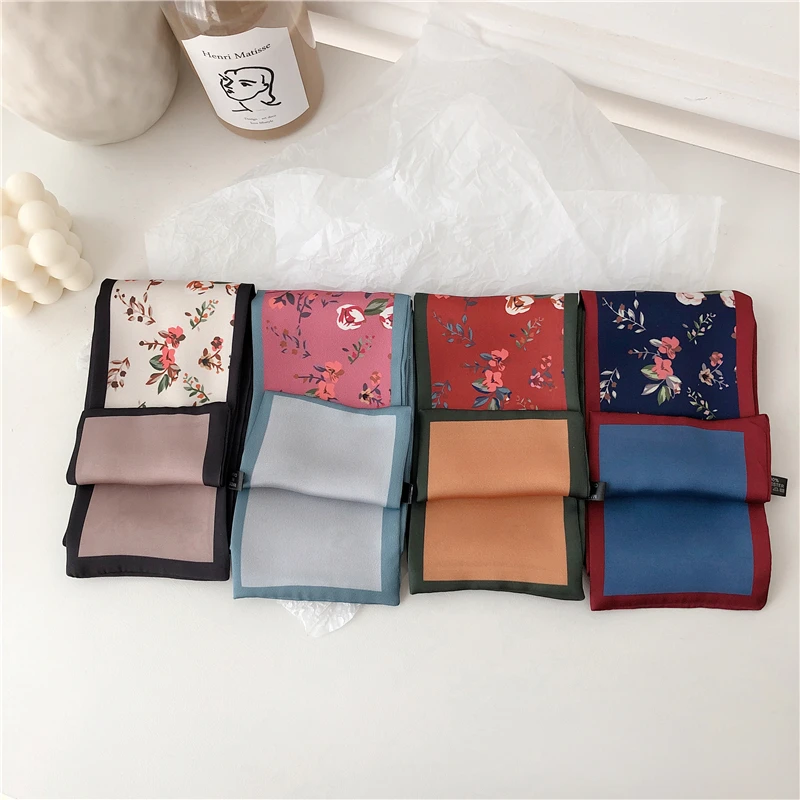 

Luna&Dolphin Women Long Scarf 90*10cm Chiffon Scarves French Flower Print Peacock Blue Slim Tie Headband Bag Ribbon Choker Scarf