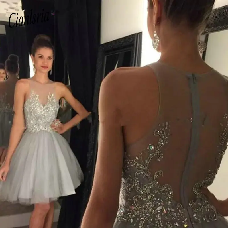 

2019 Short Homecoming Dresses Lace Appliqued with Crystal Beaded Sheer Back Short Cocktail Dress Party Wear 8 Grade Graduation