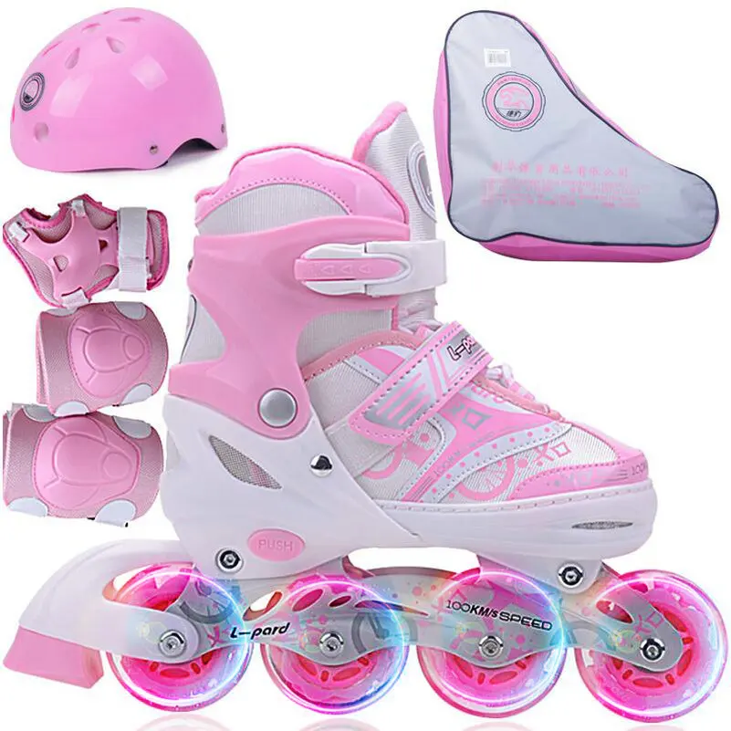 Детские роликовые коньки, четыре шестерни регулируют детские роликовые коньки с защитным редуктором, ПУ колеса флэш колеса детские роликовые коньки - Цвет: pink