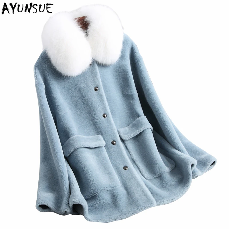 

AYUNSUE 2019 Natural Sheep Shearing Fur Coat with Real Fox Fur Collar Winter Jacket Women Elegant Blue Short Warm Overcoat 19020