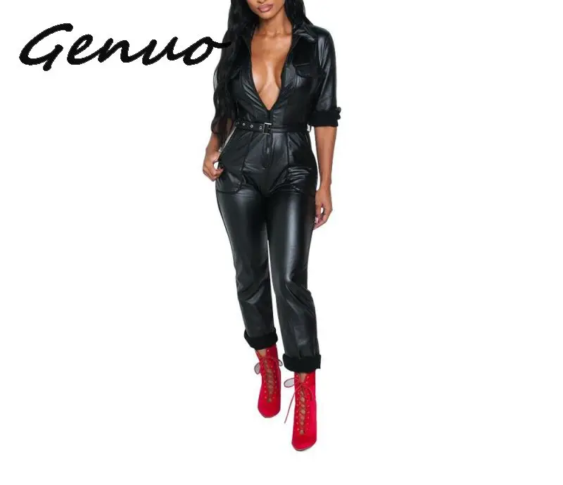 Genuo, новинка, сексуальные комбинезоны для женщин, облегающий боди из искусственной кожи с длинным рукавом, черные стильные сексуальные комбинезоны с глубоким v-образным вырезом, женские комбинезоны