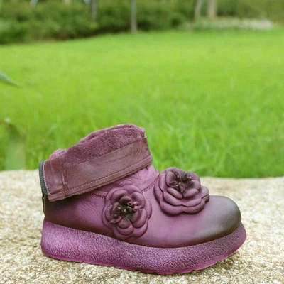 Высокое качество Женская Мода Натуральная кожа ручной работы средний каблук Винтаж цветок обувь короткие сапоги женские мотоциклетные botas - Цвет: purple leather insid