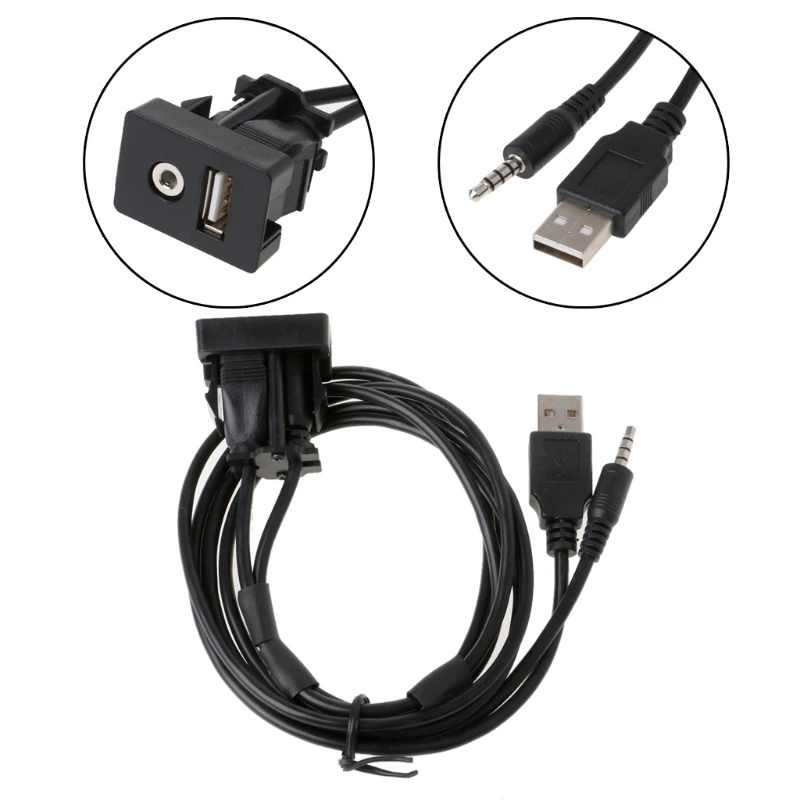 

1M Car Boat Dash Flush Mount USB Port 3.5mm AUX Extension Cable Lead Mounting Panel Fits Reiz Carola Camry for