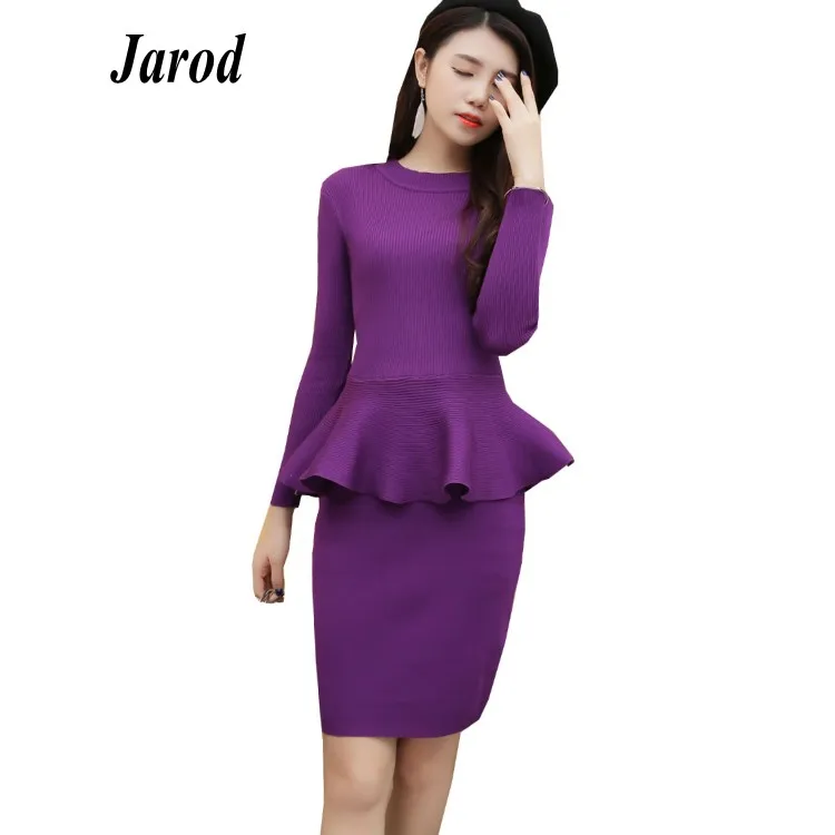 

2018 New fashion Autumn Women's 2 Piece Sets pullover knitted sweaters Ruffles tops and pencil Skirts Suit