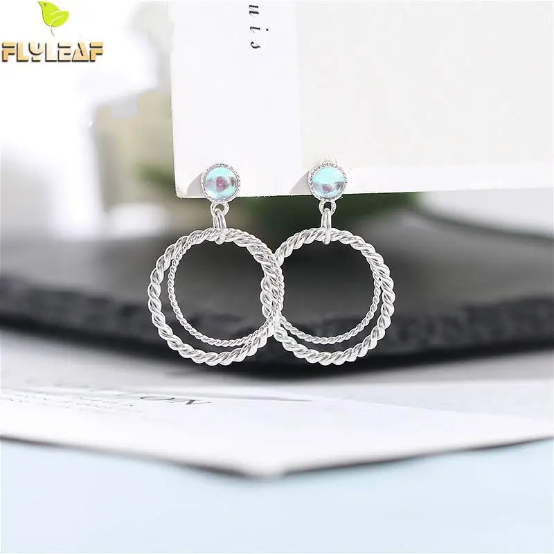 

Flyleaf Weaving Big Circle Moonstone Drop Earrings For Women Real 925 Sterling Silver Fine Jewelry Earings Fashion Jewelry