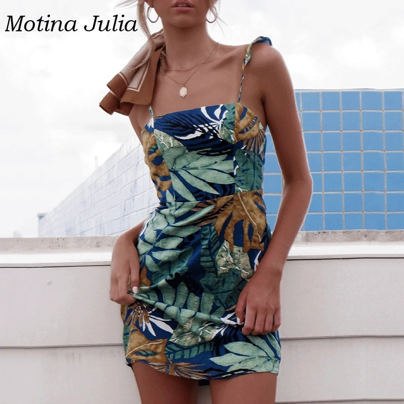 Motina Julia boho растительный сарафан с принтом для женщин 2019 Летнее мини-платье бантом