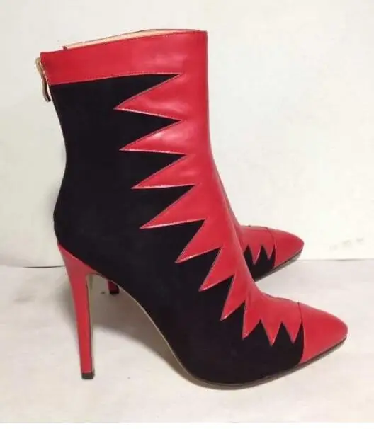 high quality red leather with black suede high heel boots 2017 newest pointed toe ankle boots for woman thin heels short boots