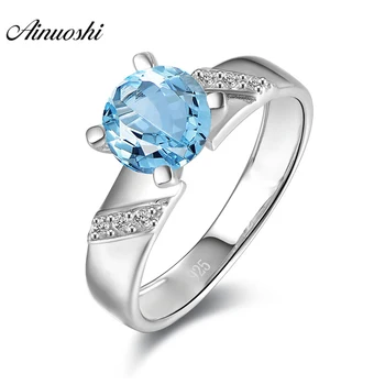 

AINUOSHI Natural Blue Topaz Ring Engagement Wedding Ring 1.25ct Round Cut Gem Line Stripe Ring 925 Sterling Silver Women Jewelry