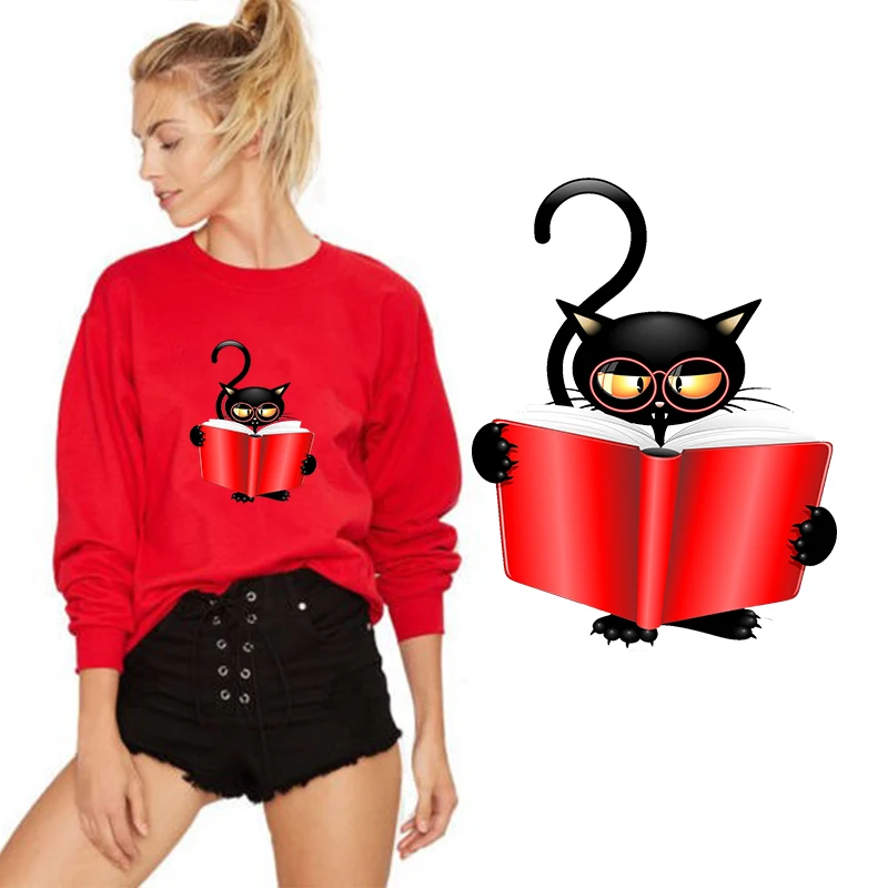 

Wholesale Reading Black Cat Ironing on Heat Transfer A-level Washable Patches Stickers for Clothes DIY Appliques Animal Patches