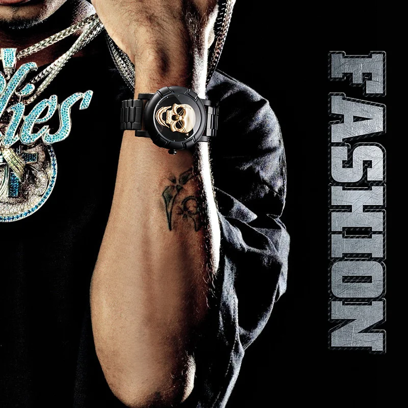 Полностью черные мужские часы с лазерной гравировкой черепом наручные в стиле