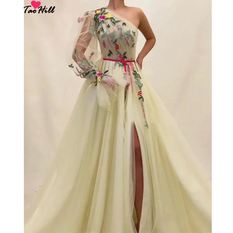 

TaoHill 2019 Evening Dress Light Yellow Robe De Soiree Delicate Embroidery Split Formal Long Sexy One Shoulder Evening Gowns