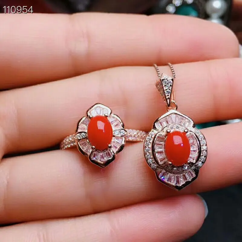 

MeiBaPJ Natural Red Coral Flower Jewelry Set 925 Pure Silver Ring Pendant Necklace 2 Suits Fine Wedding Jewelry for Women