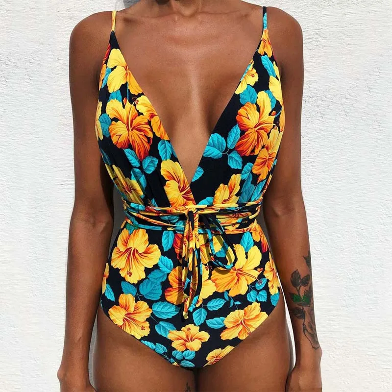Sexy One Piece Swimsuit Female Deep V Backless Brazilian Monokini Swimwear Women Bathing Suit Swimming sunflower swimsuit - Цвет: yellow flower