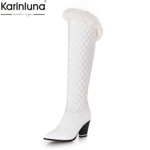 Karinluna/ г.; большие размеры 34-43; сапоги до колена на не сужающемся книзу массивном каблуке с острым носком; женская обувь; ботинки белого и черного цвета; женская обувь