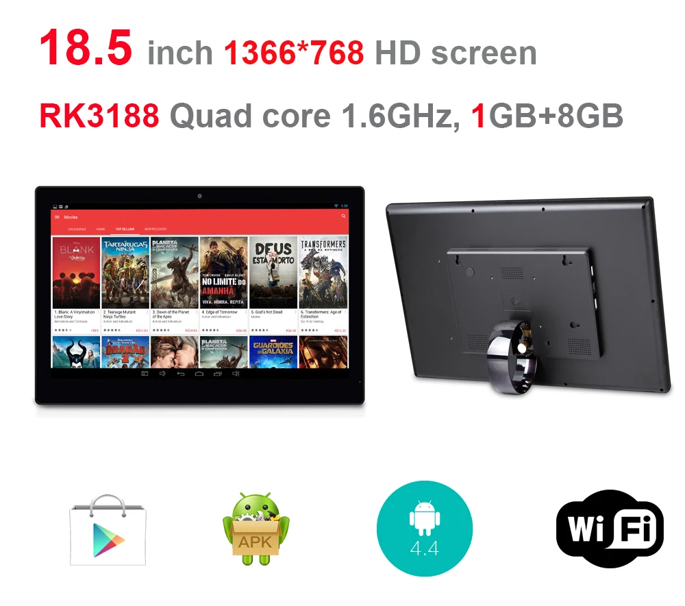 18.5 inch Android digital signage display(remote,Rockchip3188 1.6Ghz, 1GB ddr3, 8GB flash,Bluetooth4.0, wifi, RJ45, play store)