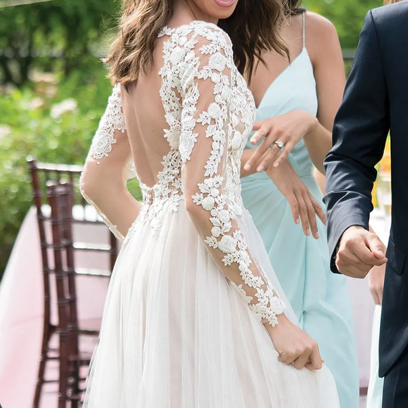 

Eightale Boho Wedding Dress 2019 Long Sleeve Backless Appliques Lace A Line Tulle Vintage Bride Dress Wedding Gown Free Shipping