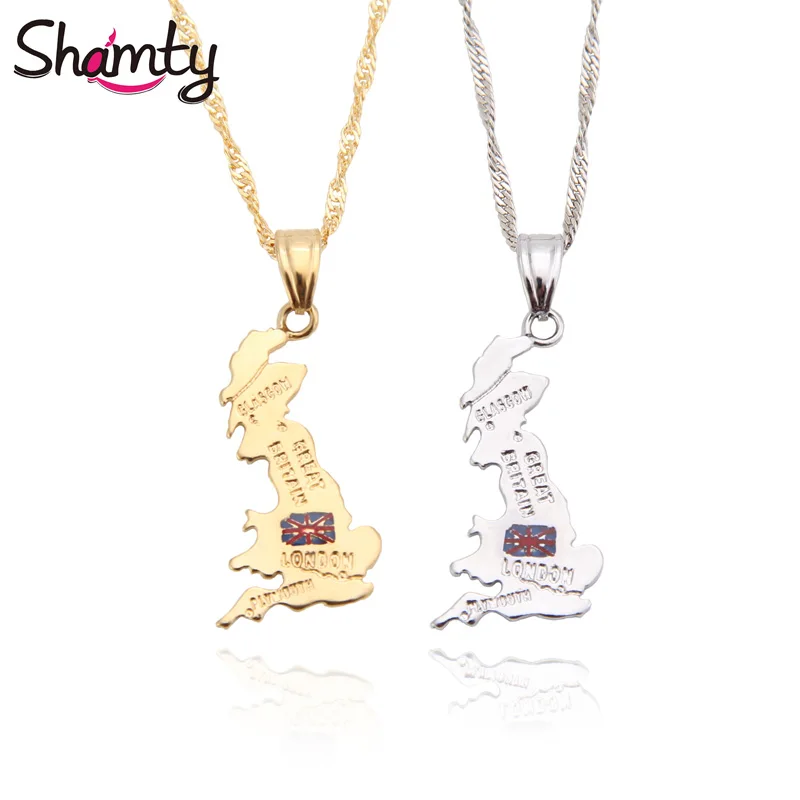 

Shamty UK Britain Map National Flag Pendants Necklace Pure Gold Color Silver Color Unisex Personalized London Jewelry Gift