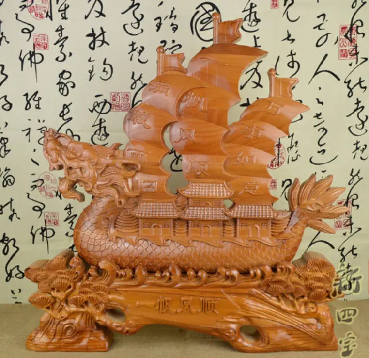 

20" China handwork peach wood Feng Shui pine tree dragon-boat Sailing Statue
