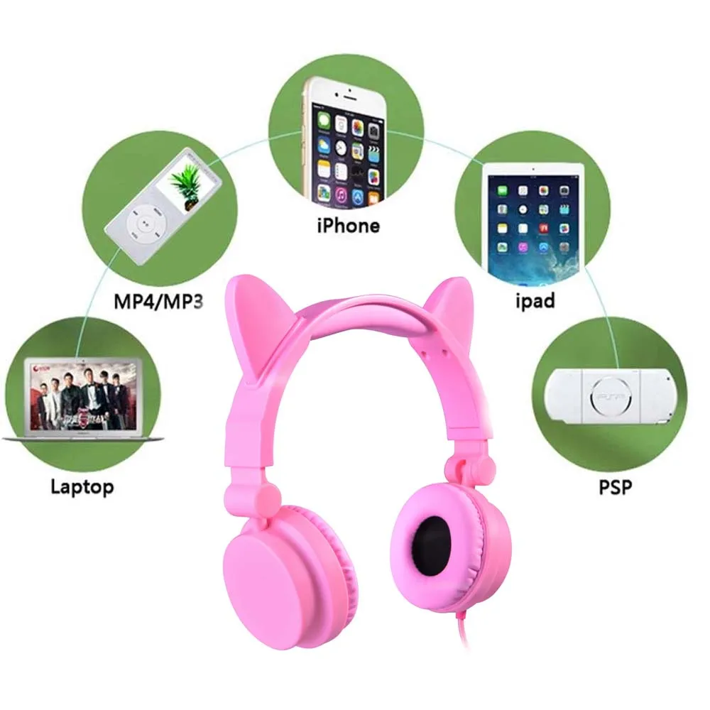 JINSERTA Portable Kids Headphones Glowing Cat Headphone Children Over Ear Headset with Adjustable headband USB Charging Cable