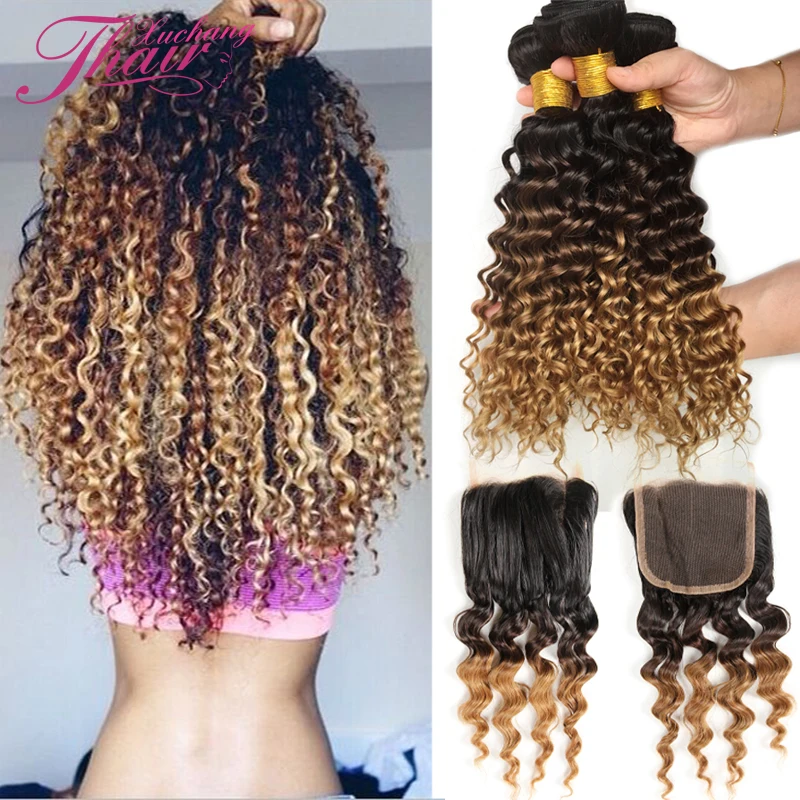 

Cheap Ombre Peruvian Deep Curly Hair 3 Bundles With Free Part Lace Closure, 3 Tone Deep Wave Blond Ombre Human Hair With Closure