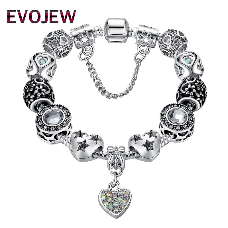 

Authentic Silver Plated Crystal Heart Charms Bracelet Bangle for Women DIY Beads Bracelets Women Pulseira Fashion Jewelry