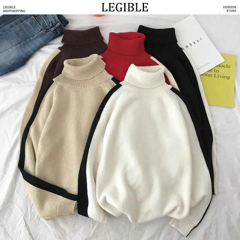 

LEGIBLE 2019 New Autumn Hip Hop Sweater Men Casual Patchwork Mens Sweaters Turtleneck Knitting Pullovers Coat Men 3XL