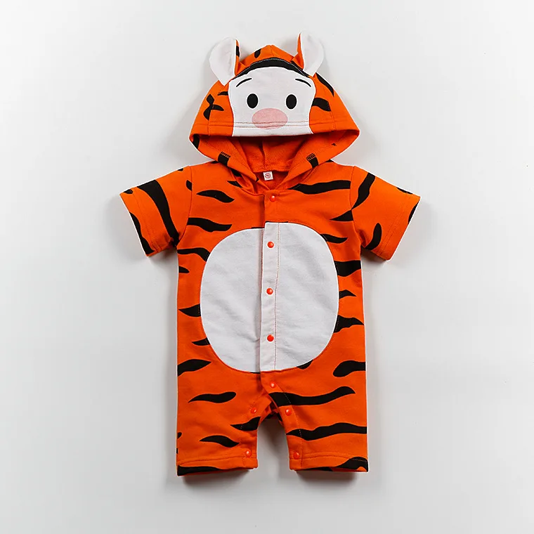 Хлопковый летний детский комбинезон С Рисунком Тигра, желтый медведь, одежда для мальчиков и девочек, комбинезон для новорожденных с капюшоном - Цвет: DZ short tiger