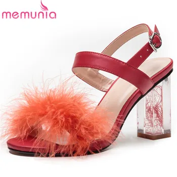 

MEMUNIA 2020 new arrival genuine leather +fur women sandals buckle summer shoes crystal high heels shoes woman party prom shoes