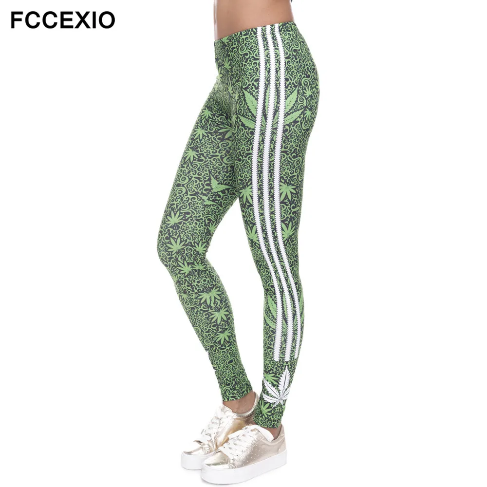 FCCEXIO Fashion Stretch Leggings Weeds White Stripes Print Fitness Legging Sexy Silm legins High Waist Trouser Women Pants