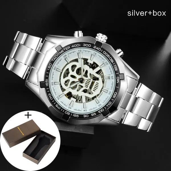 T-WINNER Мужские механические часы Winner Топ люксовый бренд из нержавеющей стали скелетные часы самоветер механические мужские часы - Цвет: silver box