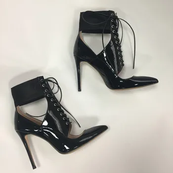 

2019 Summer Gladiator Booties Black Shiny Leather Cut Out High Heel Ankle Boots Pointy Toe Stilettos