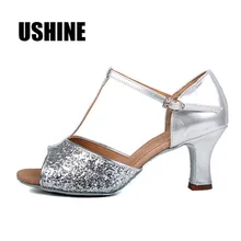 Каблук 7 см блестящие полиуретановый серебристый Сальса Туфли для латинских танцев; женские босоножки; Zapatos De Baile Latino Mujer WZJ