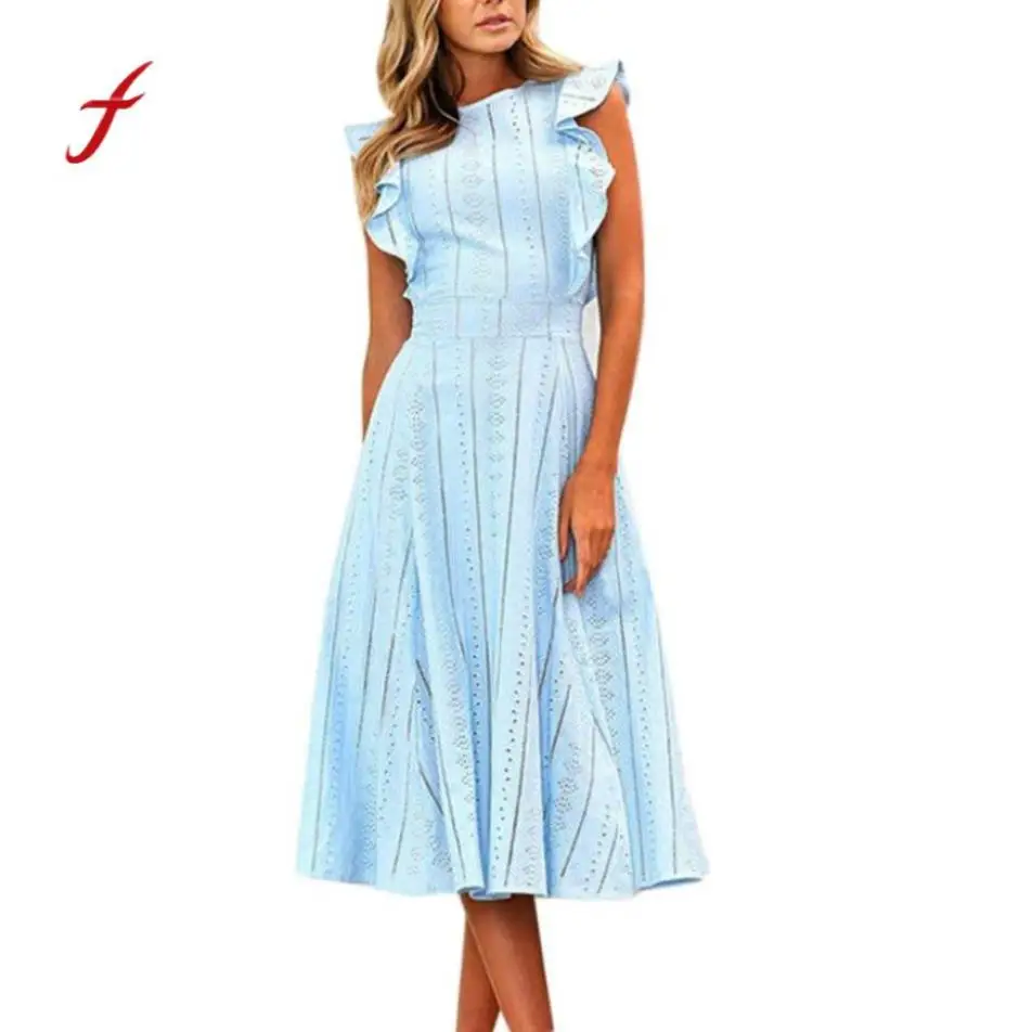 

Feitong Summer blue cotton ruffle dress Women sexy off shoulder maix dresses Ladies sleeveless mid-calf dress