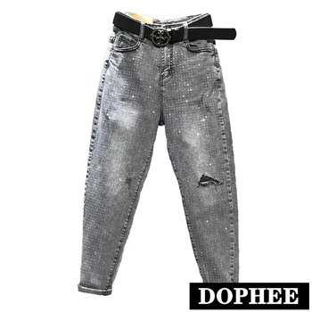 

Jeans Women 2019 Summer Fashion High Waist Hole Hot Drilling Loose Ripped Ankle Length Harem Pants Plus Size 26-31!for Girls