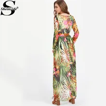 Sheinside Tropical Maxi Dress Women Multicolor Boho Self Tie Full Length Chiffon Summer Dresses 2017 Casual Zip Beach Long Dress