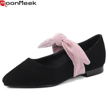 MoonMeek/Новинка; сезон весна-лето; обувь на плоской подошве с острым носком; женская обувь на плоской подошве без застежки из флока с Т-образным ремешком; милые ботинки для дам