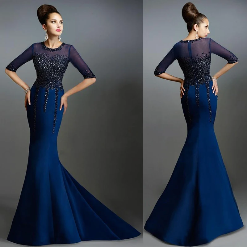 Evening Dress Navy Blue Long Lace Mermaid Half Sleeves Beaded Sheer Back Count Train Mother Of