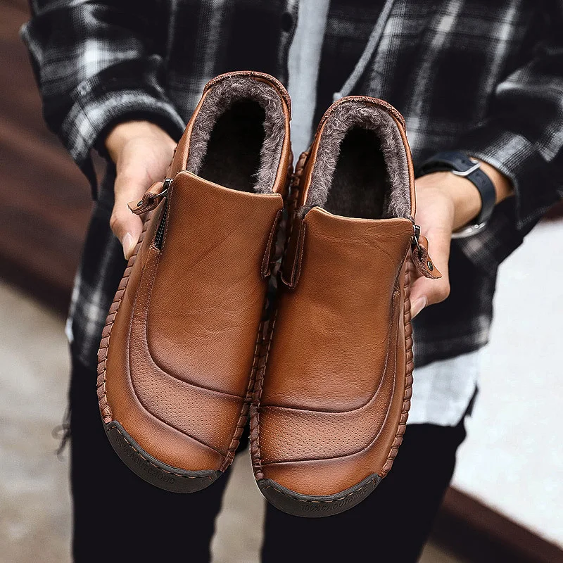 Fashion Men Boots High Quality Split Leather Ankle Snow Boots Warm Fur Men's shoes Plush Winter Autumn Driving Shoes Big size 48