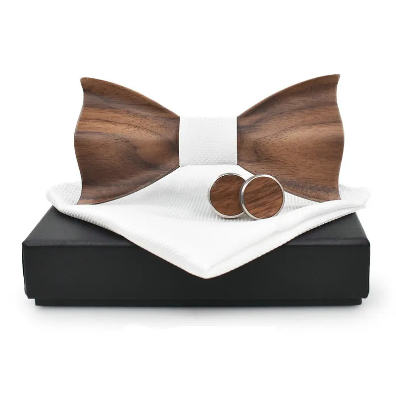 2019 gravieren Geschnitzte 3D Hochzeit Holz Fliege Hanky Manschette Link Plaid Bowtie Set Männer Manschettenknopf Brust Handtuch Taschentuch Tasche platz
