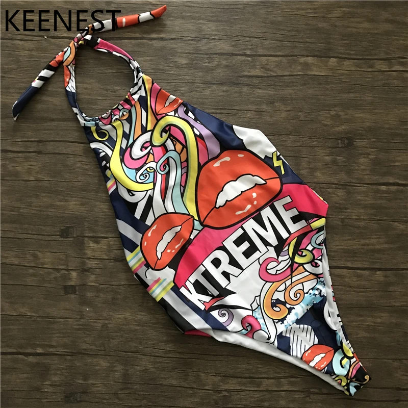 

KEENEST 3D Red Lips Print High Pleated Swimwear One Piece Push Up Backless Monokini Summer Bathing Suits